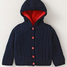Yellow Apple Full Sleeves Front Open Hooded Sweater with Cable Knit Design - Navy Blue-image-66