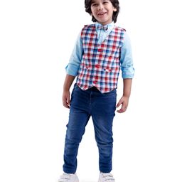 Babyhug Woven Full Sleeves Solid Color Shirt & Jeans with Bow & Checkered Waistcoat - Red & Blue-picture-18