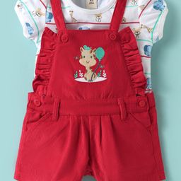 ToffyHouse Cotton Knit Dungaree & Half Sleeves Inner Tee With Animal Print & Embroidery - Red & White-image-6