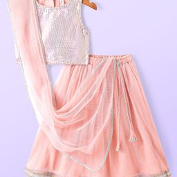 Babyhug Woven Sleeveless SequinedCholi Lehenga & Dupatta Set- Pink-image-31