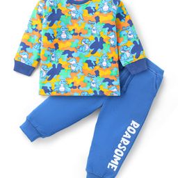 Babyhug Terry Knit Full Sleeves T-Shirt & Lounge Pant Set With Dino Print - Green & Blue-image-22