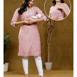 True Shape Three Fourth Sleeves Abstract Printed Maternity Kurta With Nursing Access - Red-image-9