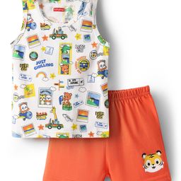 Babyhug 100% Cotton Single Jersey Knit Sleeveless Sando & Shorts Set With Vehicle & Animal Print - White & Orange-image-122