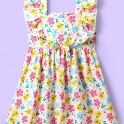 Babyhug Cotton Woven Frill Sleeves Frock with Floral Print & Bow Applique - White-image-45