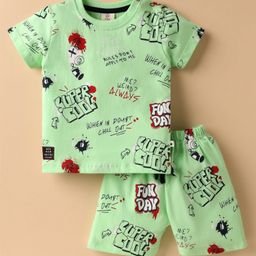 Mini Donuts Cotton Knit Half Sleeves Co-Ord Short Night Suit with Super Cool Text Print - Light Green-image-70