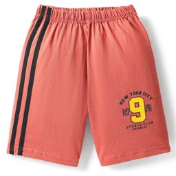 Taeko Single Jersey Knit Knee Length Shorts with Text Print & Tape Detailing - Coral-image-98