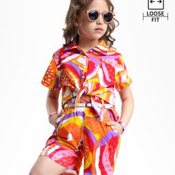 OLLINGTON ST. Cotton Printed Co-Ord Set OfHalf Sleeves Top & Shorts with Belt & Tropical Print - Red & Orange-image-85