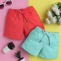 Knitting Doodles Pure Cotton Pack Of 2 Solid Shorts - Pink & Sea Green-image-1