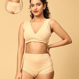 The Mom Store Cotton Sleeveless Solid Nursing Sleeping Maternity Bra & Overbelly Support Panties - Beige-image-102