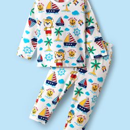 Babyhug Cotton Knit Full Sleeves Co-ord Night Suit With Boat Print - White-image-75