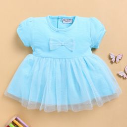 Wonderchild Half Puffed Sleeves Bow Applique Detailed & Shimmered Dress - Light Firozi-image-73