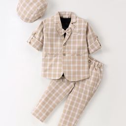 Rikidoos Full Sleeves Checked Blazer With Solid Tee & Coordinating Pant Cap & Attached Bow Set - Beige & Black-image-66
