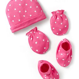 Doodle Poodle Interlock Knit Cap Mittens & Booties With Heart Print Fuchsia - Diameter 14 cm-15