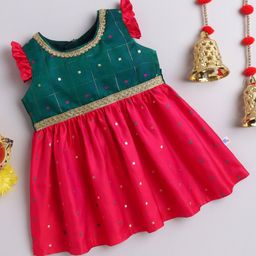 Many frocks & Blended Woven Frill Sleeves Checked Foil Printed & Gota Lace Embellished Ethnic Dress - Pink & Green-image-82