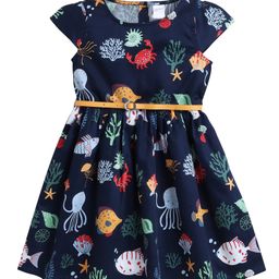 Funshine Cotton Woven Cap Sleeves Sea Life Printed Dress - Navy Blue-image-37