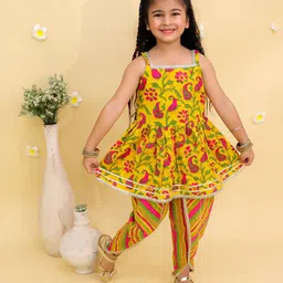 Junitos Cotton Woven Sleeveless Floral Printed & Gota Lace Embellished Kurti Dhoti Set - Musturd-picture-1
