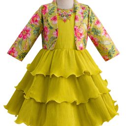 Enfance Zardozi Embroidered Layered Knee Length Dress With Full Sleeves Floral Printed Jacket - Mustard-picture-36
