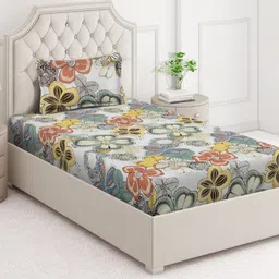 Arrabi Yellow & Black Floral 350 TC Single Bedsheet with 1 Pillow Covers-image-45