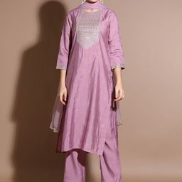 Jaipur Kurti Ethnic Motifs Woven Design Sequinned Straight Kurta with Trousers & Dupatta-picture-24