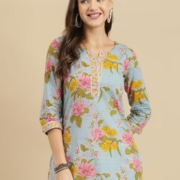 HERE&NOW Women Floral Printed Gotta Patti Pure Cotton Kurti-picture-5