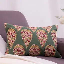 haus & kinder Imperial Garland Green & Yellow Embroidered Cotton Rectangle Cushion Cover-image-36