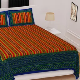 Myntra Elegant Homes Blue & Green Geometric 144 TC Queen Bedsheet with 2 Pillow Covers-image-93