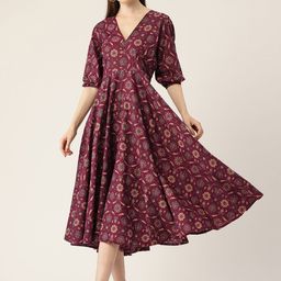 FERANOID Floral Print Puff Sleeves Pure Cotton Empire Midi Dress-image-24
