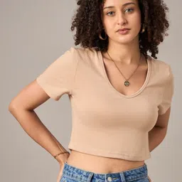 R.Code by The Roadster Lifestyle Co. Women Solid V-Neck Cotton T-shirt-image-15