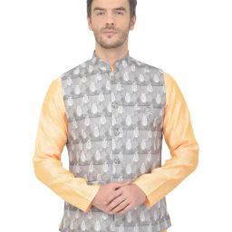 SG LEMAN Grey Printed Mandarin Collar Nehru Jacket-image-55