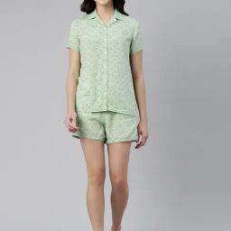 Enamor Olive Green Printed Shirt Shorts Set-image-93
