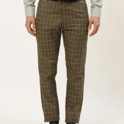 Sojanya Olive Cotton Regular Slim Fit Checks Flat Front Trousers-image-46