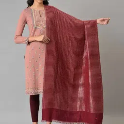 W Red Cotton Striped Shawl-43