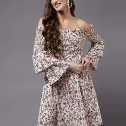 Miss Chase Peach Floral Print A Line Dress-image-50