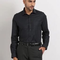 Turtle Navy Blue Cotton Slim Fit Checkered Formal Shirt-picture-31