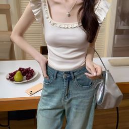 KPOP Women Ruffles Scoop Neck Flutter Sleeves Fitted Crop Top-picture-16