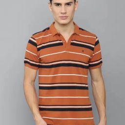 Louis Philippe Sport Orange Cotton Slim Fit Striped Polo T-Shirt-picture-30