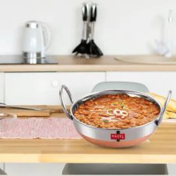 HAZEL Alfa Premium Heavy Gauge Stainless Steel Kadai with Copper Bottom (1 ltr), Silver & Copper-33