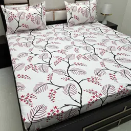 Pure Decor White & Pink Floral 210 TC Queen Bedsheet with 2 Pillow Covers-picture-14