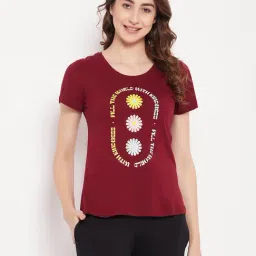 Clovia Maroon Printed T-Shirt-image-43