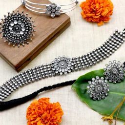 Teejh Pitara Collection Zuri White Stone Oxidized Jewellery Set-image-85