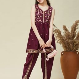 CurlyTales Girls Woven Design Embroidered Kurta with Dhoti Pants-picture-16