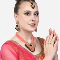 Zaveri Pearls Peach Multistrand & Green Mirror Kundan Cluster Necklace Earring Maangtikka & Ring Set-ZPFK14603-26
