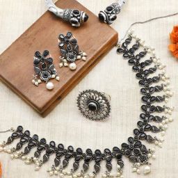 Teejh Pitara Collection Zoya Black Stone Oxidized Jewellery Set-image-64