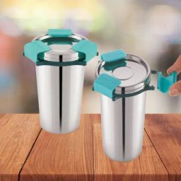 Magnus Silver & Turquoise Green Stainless Steel Tumbler with Clip Lock Lid - Set of 2 (700ml)-6