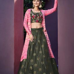 SHUBHKALA Olive Green & Pink Silk Embroidered Lehenga and Choli Set With Jacket-picture-8
