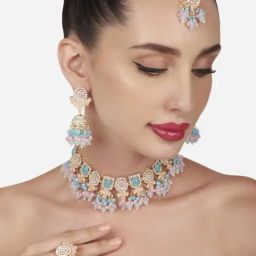 Zaveri Pearls Turquoise Blue Pink Stones Beads Choker Necklace Earring Maangtikka Ring Set-ZPFK16166-4