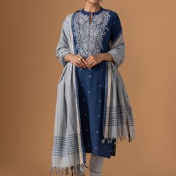 WOMEN PLUS Women Ethnic Motifs Embroidered Regular Thread Work Pure Cotton Kurta with Trousers & With Dupatta-image-115