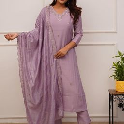 Moda Rapido Women Floral Regular Thread Work Chanderi Silk Kurta Sets With Dupatta-19