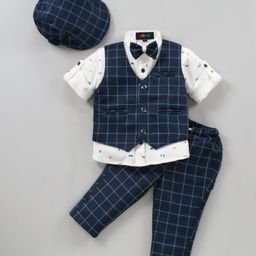 Robo Fry 3 Piece Full Sleeves Checked Party Suit With Bow & Cap - Dark Blue-image-93