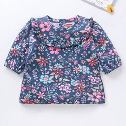 Babyhug Three Forth Sleeves Flower Print With Frill Detailing Top - Blue-image-77